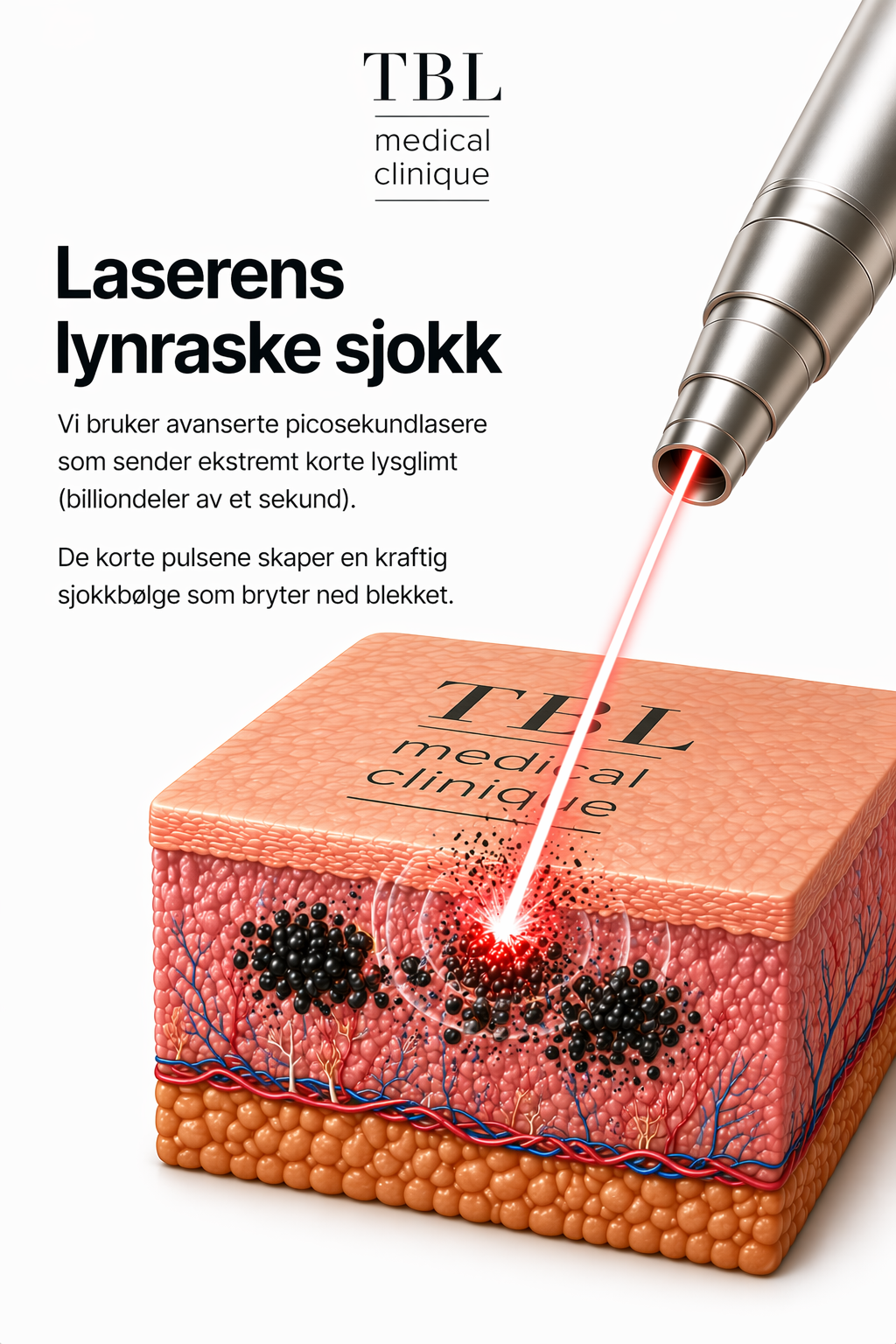 Picosekund-laser med spesifikke bølgelengder treffer pigmentet selektivt.