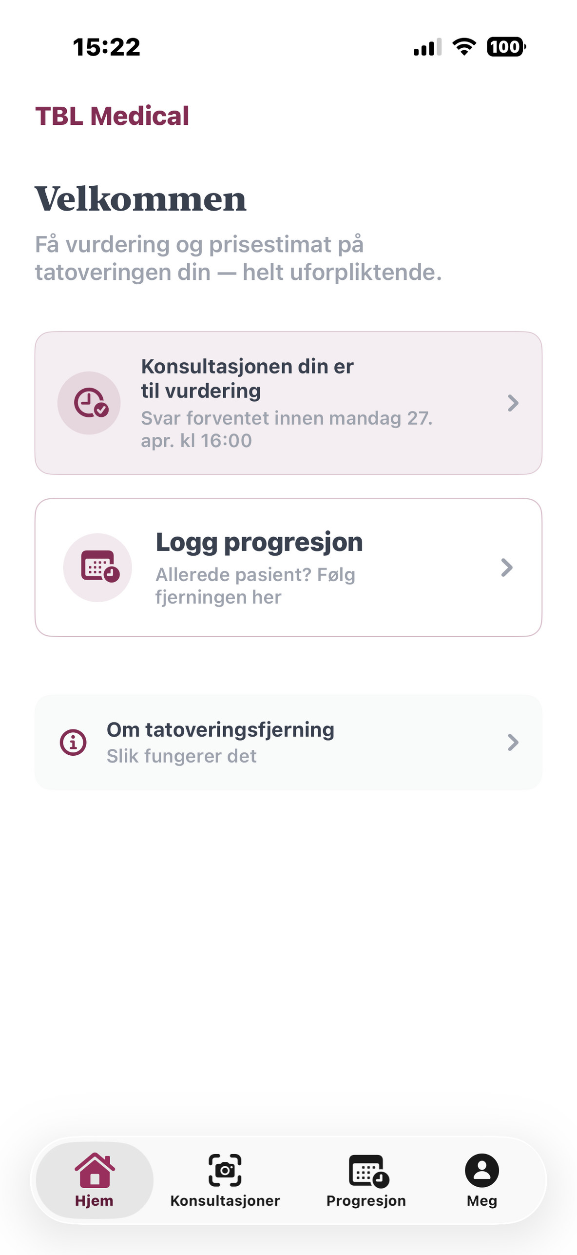 TBL Medical-appen — Hjem-skjermen
