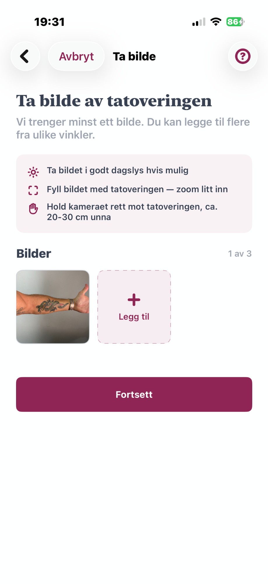 Kamera-skjermen — Ta bilde av tatoveringen, med tips for godt bilde